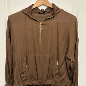 Olivaceous Brown Satin Half-Zip Hoodie with Drawstring Hem